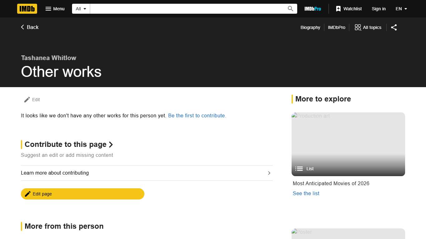 Tashanea Whitlow - Other works - IMDb